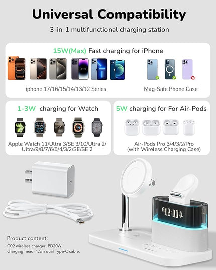 5 in 1 Wireless Charging Station for Apple,Magnetic Charger with Alarm Clock Night Light for Multiple Devices,Nightstand Charging Station Compatible with iPhone 17/16/15/14/13/12,Apple Watch,Air-Pods