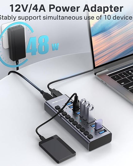 Powered USB 3.2 Hub, ACASIS 10 Ports USB 3.2 Hub with 10Gbps Data Speed, Aluminum Housing, USB Hub Powered with 48W Power Adapter, USB Hub for PC/Laptop, Computer, Flash Drive, Printer, Camera