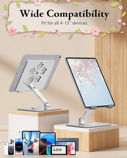 Tablet Stand for iPad, 360° Rotating Aluminum Foldable Holder – Adjustable Desk Stand | Fits iPad Pro 12.9/11,Samsung Galaxy Tab – Portable for Home, Office & Travel,Silver