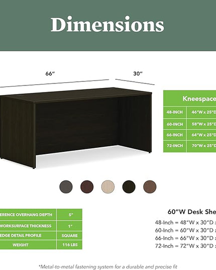 HON MOD Executive Desk 66-Inch Large Computer Desk Shell, Thick Wooden Laminate, Modern Table with Cord Management, 66" W x 30" D x 29" H, Java Oak