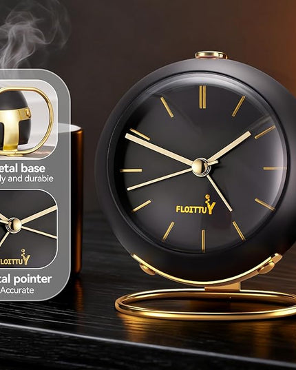 FLOITTUY Silent Table Analog Alarm Clock No Ticking, Lighted on Demand and Battery Operated, Beep Sounds, Small Desk Clock(Shiny Black)
