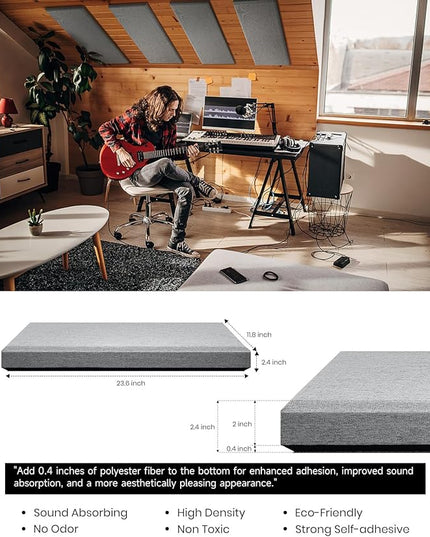 Moukey Acoustic Panels 4 PCS, 2.4“ Thick Fiberglass Soundproof Wall Panels 24''x12'', Self-adhesive Sound Absorbing Panels for Studios, Office, Home Theater (Gray)