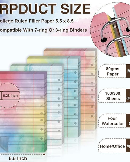 100 Sheet 5.5" x 8.5" Colored Loose Leaf Paper Half Letter Lined Paper 7 hole punched Wide Ruled Paper Refills College Ruled Notebook Paper Watercolor 80GSM For 3 Or 7 Ring Binders