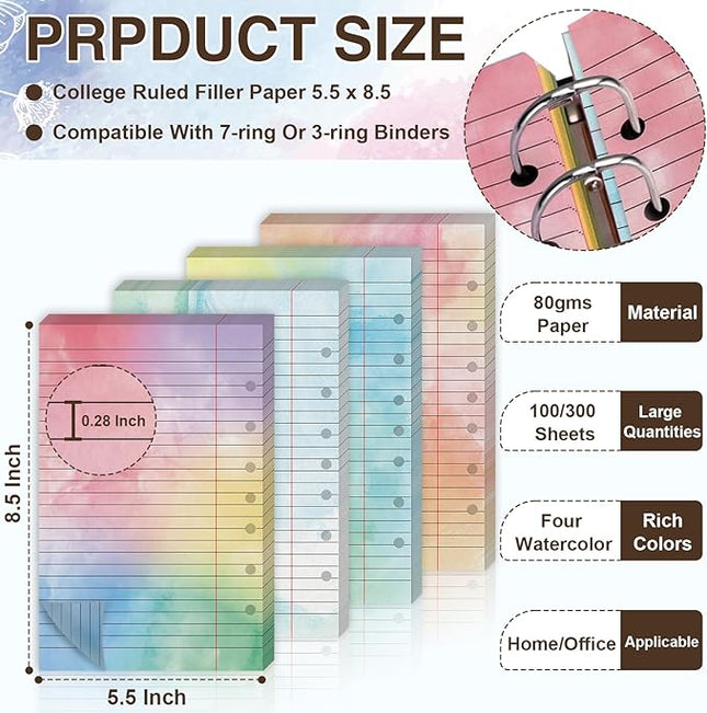 300 Sheet Watercolor Lined Writing Paper 5.5x8.5 Inch 7-Hole Lined Refills Loose Leaf Colored Notebook Filler Paper College Ruled Double Side Printing For 3 Or 7 Ring Binders