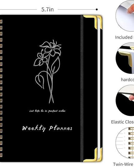 Undated Weekly Planner with Metal Corner Hardcover Notebook , A5 Size Journal with To Do List Planner, Habit Tracker,Weekly Goals for ADHD,Student, Office, Women, Men ,Gifts,6 x 8 inches，Spiral Bindding ,Black