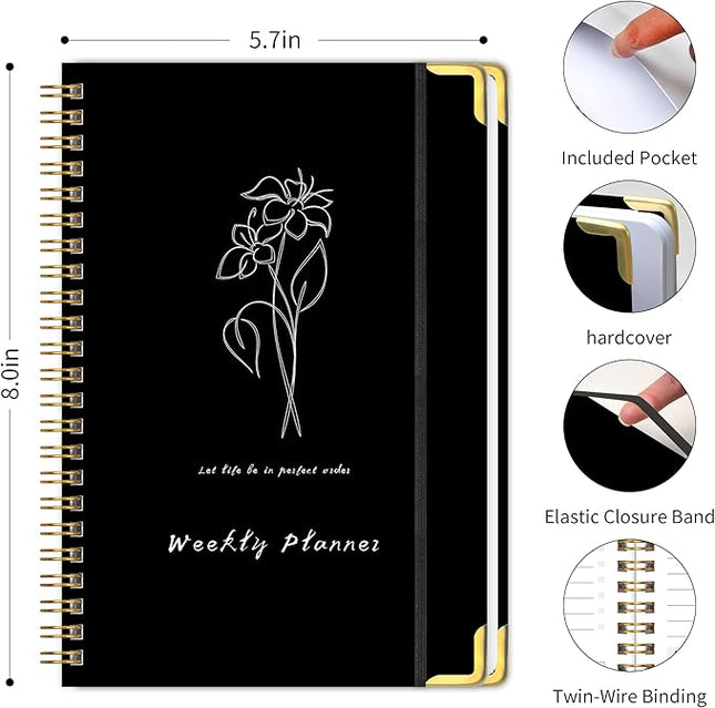 Undated Weekly Planner with Metal Corner Hardcover Notebook , A5 Size Journal with To Do List Planner, Habit Tracker,Weekly Goals for ADHD,Student, Office, Women, Men ,Gifts,6 x 8 inches，Spiral Bindding ,Black