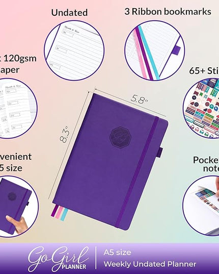 GoGirl Planner and Organizer for Women – A5 Size Weekly Planner, Goals Journal & Agenda to Improve Time Management, Productivity & Live Happier. Undated – Start Anytime, Lasts 1 Year – Purple