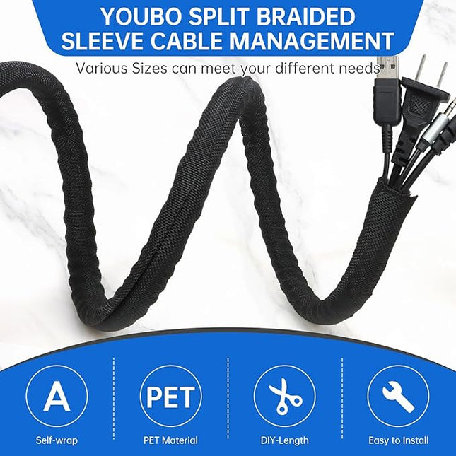 YOUBO Split Braided Cable Sleeve，Flexible Wire Loom Tubing, Automotive Cord Protector Pet Proof, Cable Management for Computer TV Electric Wires Harness 16ft (Black, 16mm（5/8")