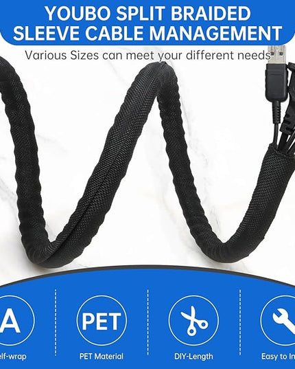 YOUBO Split Braided Cable Sleeve，Flexible Wire Loom Tubing, Automotive Cord Protector Pet Proof, Cable Management for Computer TV Electric Wires Harness 16ft (Black, 25mm（1")