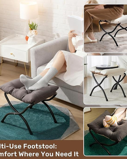 HollyHOME 15"(H) Folding Footrest Stool, Upholstered Small Foldable Ottoman, Accent Padded Sofa Foot Stool for Lazy Chair, Metal Frame Portable Foot Rest Ottoman for Home, Living Room, Bedroom, Blue