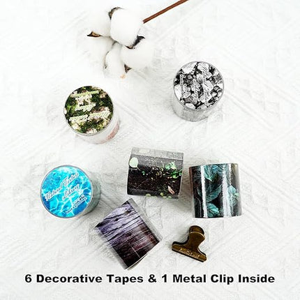 AuriicLeaf Nature-Inspired Washi Tape Set – 6 Decorative Rolls Featuring Realistic Plant, Pebble, Bark, Moss, and Water Designs for Journaling and Scrapbooking