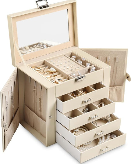 Frebeauty 5-layer Jewelry Box,Faux Leather Jewelry Organizer with 4 Drawers,Jewelry Organizers and Storage with Mirror,Jewelry Holder Organizer for Necklace,Jewerly Boxes for Women Girls(Beige)