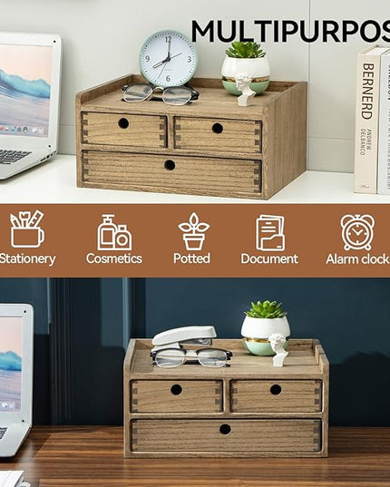 KIRIGEN Desk Organizer with Drawers - Wood Drawer Storage Box with Trays for Tabletop - Workspace Office Toiletries Supplies Tool Caddy - Wooden Storage Cabinet Dark Brown（DT2D3C-DBR）