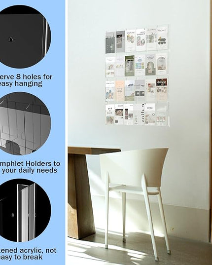 Acrylic Brochure Pamphlet Holder, 24 Clear Wall Mount Display Holders, Trifold Flyer Rack, Literature Storage Rack for Home, Offices, Waiting Room