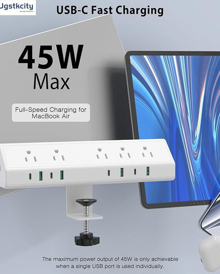 45W Fast Charging Station,Desk Clamp Power Strip,4 PD USB-C Ports,5 AC Outlets,Surge Protector Power Strip, 14AWG Heavy Duty Cord, Fits 1.9" Tabletop Edge (White, 15 FT Cable)