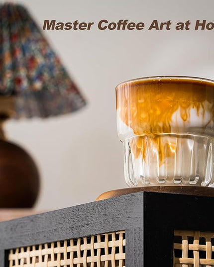 8oz Drinking Glasses Set of 4, Stackable Iced latte Coffee Glass, Cute Coffee Bar Accessories, Beer Glasses, Cocktail Glasses, Coffee Mugs for Latte, Tea, Water glasses for bar, restaurant