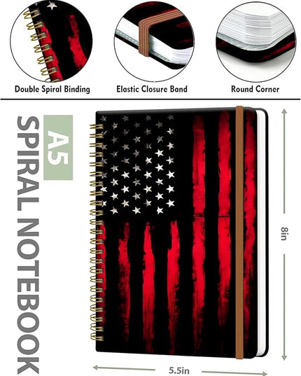 Spiral Journal Notebook for Women, Hardcover A5 College Ruled Notebook, 60 Sheet, Thick Paper, Cute Lined Journal for School, Office & Work, 6 x 8.4 in(Black Red American Flag)