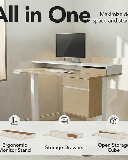 ErGear Electric 47 inch Standing Desk with Drawers and File Cabinet, Adjustable Stand up Desk with Storage, Ergonomic Sit Stand up Table Compatible Monitor Stand, Light Walnut