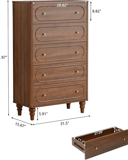 5 Drawer Fluted Dresser for Bedroom, Mid Century Modern Chest of Drawers, Wood Storage Large Dresser Organizer for Bedroom Living Room Hallway Closet, Walnut