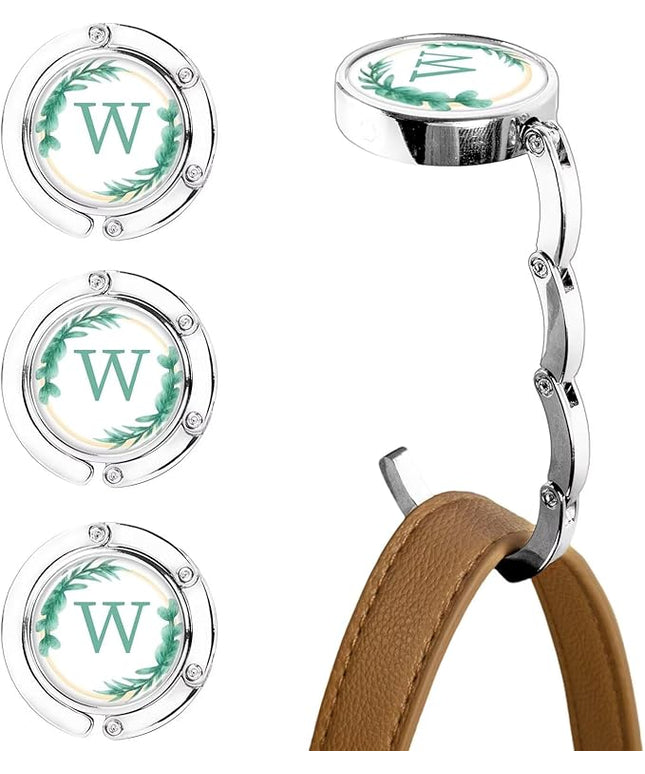 XSUIOY 3Pcs Personalized Initial Foldable Purse Hook for Table,Crushed Flower Letters Folding Purse Hanger,Purse Holder Handbag Hanger Collection Desk Table Bag Hooks Gifts for Women Bag(Green-W)