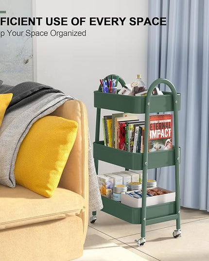 EAGMAK 3 Tier Utility Rolling Cart, Metal Storage Cart with Handle and Lockable Wheels, Multifunctional Storage Organizer Trolley with Mesh Baskets for Kitchen, Living Room, Office, Garage (Jungle)