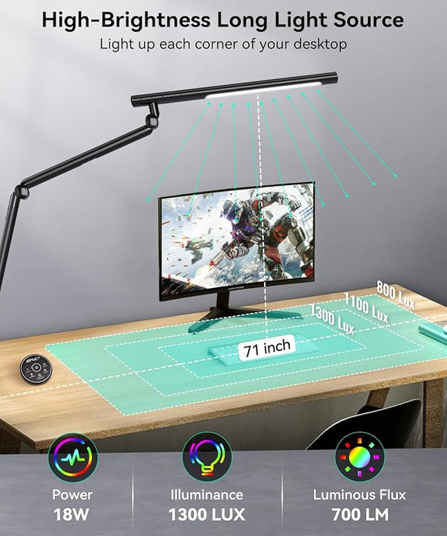 LED Desk Lamp with Clamp, 18W Architect Desk Lamp with Dual Light, Flexible 3 Sections Swing Arm, with RGB Light, with Remote, with Sensor Switch, Stepless Dimming, 4 Color Mode & 5 Brightness