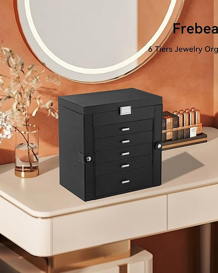 Frebeauty Large Jewelry Box,6-Tier PU Leather Jewelry Organizer,Multi-functional Storage Case with Mirror,Accessories Holder with 5 Drawers for Necklace Bracelets Watches(Black)