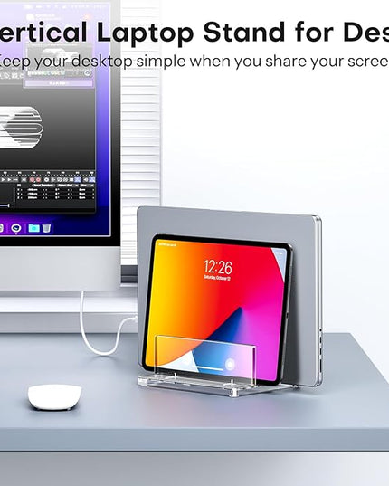 OMOTON Vertical Laptop Stand for Desk, Acrylic Dual Laptop Holder Desktop Clear Adjustable Dock for MacBook Pro Air, HP, All Gaming Laptops up to 17” (Clear, Dual Slot)