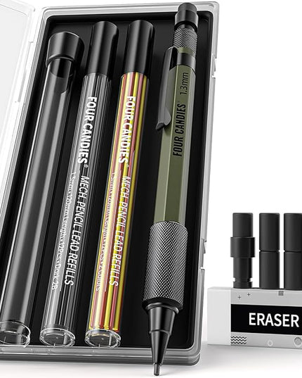 Four Candies 1.3mm Mechanical Pencil Set with 24 Lead Refills, Metal Weatherproof Heavy Duty Outdoor Carpenter Pencil, Eraser, 6 Eraser Refills for Architect Drafting Woodworking Marking with Case