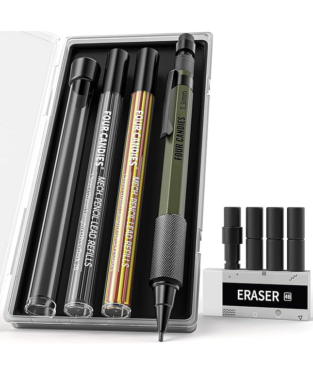 Four Candies 1.3mm Mechanical Pencil Set with 24 Lead Refills, Metal Weatherproof Heavy Duty Outdoor Carpenter Pencil, Eraser, 6 Eraser Refills for Architect Drafting Woodworking Marking with Case