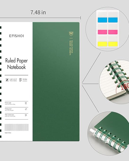 EMSHOI B5 Spiral Notebook College Ruled Lined Journal, Large 7.48" X 10.15", 300 Pages/150 Sheets, 100gsm Thick Paper, Waterproof Hardcover, for Office School Women Men Work Writing Notes, Green