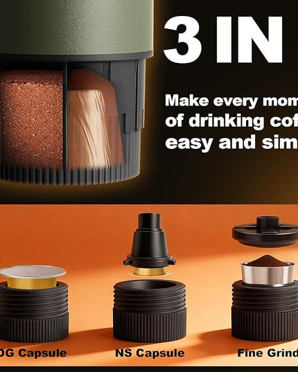Portable Espresso Maker, 3 in 1 Coffee Maker Set with Carrying Bag and Coffee Stand, Coffee Machine Works with Ground Coffee & Capsule Pod, Self-Heating Brewer with USB-C for Travel, Hiking, Office