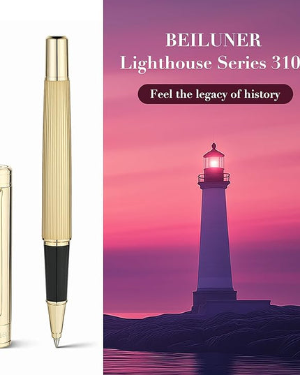 BEILUNER Lighthouse Series Rollerball Pen, 24K Gold Finish Pen Body, Exquisite Vertical Lines, Schneider 850 Refill, Nice Pen Gift Set for Men & Women, Office, Executive and Fancy Designer Pens (Gold)