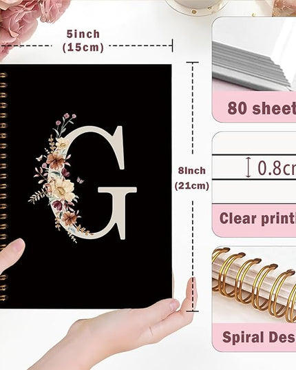 Lacama Black Initial Letter G School Notebook Journal, Cute Wildflower Personalized Spiral Notebook, School Supplies, Customized Monogrammed Gifts, Birthday Gifts for Women, Office Supplies