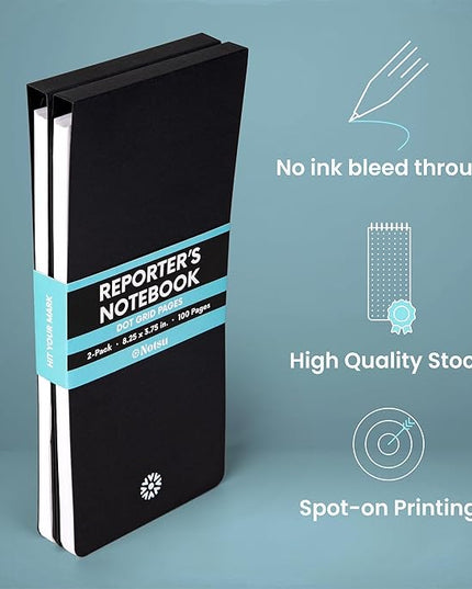 Notsu Dotted Reporter's Notebooks 2-Pack | Black Pocket Spiral Reporter Notepads for Journalist, Police, Detective, Field Note Taking | 100 Pages of 120 gsm Thick Paper, 3.75" x 8.25"