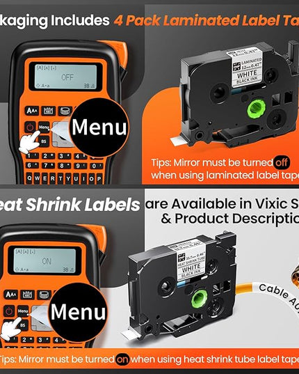Vixic Industrial Label Maker, Cable Wire Label Maker Waterproof-Labels Bundle 4 Laminated-Tapes for Electricians Network Office Labeling, E1000 Heat Shrink Tube Labeler Machine Handheld & Portable