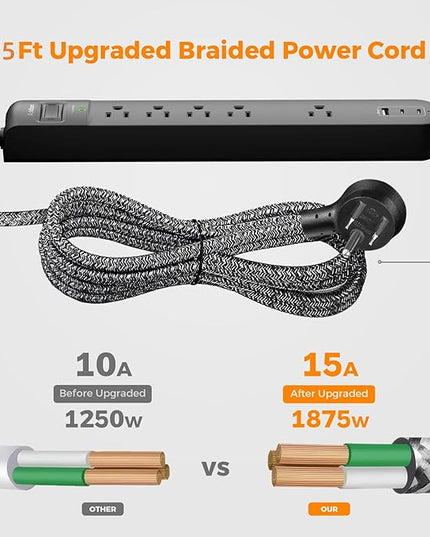 2 Pack Long Surge Protector Power Strip - 25ft Extension Cord with 5 Widely 3 USB (2 USB-C) Ports, Flat Plug, Desktop Charging Station for Home Office College Dorm Room Essentials