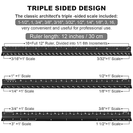 Architectural Scale Ruler, 12 Inch Aluminium Architect Scale Ruler, Imperial Metal Engineers Triangular Ruler for Architects, Students and Draftsmen, Laser Etched Markings