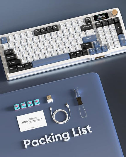 RedThunder K95 Wireless Mechanical Keyboard, TFT Screen & Knob, Tri-Mode BT5.0/2.4GHz/USB-C Hot Swappable Custom, Pre-lubed Linear Switches, Gasket Structure, RGB Gaming Keyboard, Snowy White-Blue
