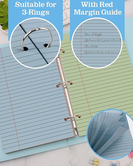 200 Sheets Half Letter Lined Paper 5.5 X 8.5 In Colored Notebook Paper College Ruled Loose Leaf Paper 3 Hole Punched Half Mini Binder Inserts Fit 3 Ring Binder for School Office