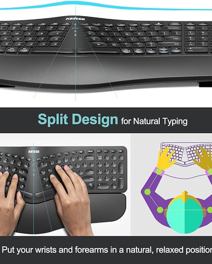 Arteck Ergonomic Keyboard with Cushioned Wrist Palm Rest, Multi-Device Wireless Bluetooth with USB-A USB-C Receiver Comfortable Ergonomic Split Keyboard, for Windows Computer Laptop PC Tablet