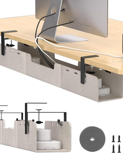 Under Desk Cable Management Tray,No-Drill Upgraded Thickened Felt Cord Organizer with Clamp or Screw Mount,Cable Holder for Standing Desk,Home Or Office(Beige, 31.5")