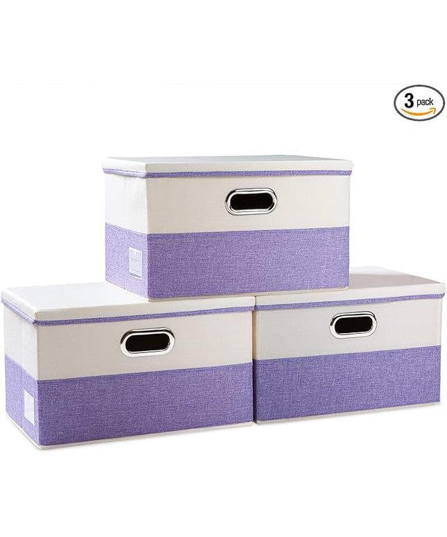 PRANDOM Large Foldable Storage Bins with Lids [3-Pack] linen Fabric Decorative Storage Boxes Organizer Containers Baskets Cube with Handles Divider for Bedroom Closet Purple&Cream(17.7x11.8x11.8)