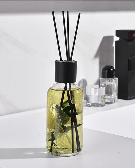 Bamboo White Tea Reed Diffuser Set - Fragrance Reed Diffusers for Home - 250ml Glass Bottle with Plant Accents, Black Reed Sticks, Dried Flowers - Aromatherapy Reed Diffuser Oil for Relaxation