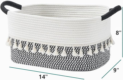 Storage Bins Woven Baskets for Storage Set of 3, Cotton Rope Basket with Handles for Toys/Shelves/Laundry, Rectangle Multi-Purpose Organizer for Living Room, Bedroom, Nursery (White/Black)