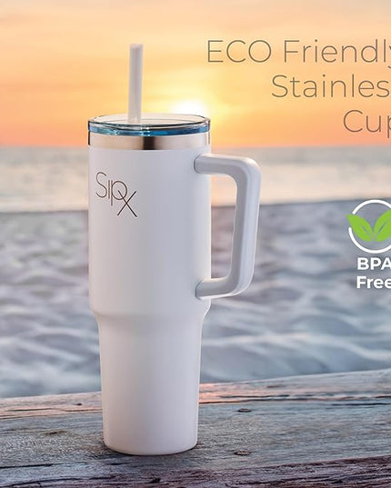 SIPX™ 30 oz Insulated Tumbler with Handle & Straw – Vacuum Insulated Stainless Steel, Leakproof, Cupholder Friendly – Perfect for Iced Coffee, Water & Travel – White