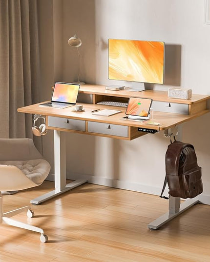 48 * 30 Inches Electric Standing Widened Desk Adjustable Height with 4 Drawers, Double Storage Shelves, Home Office Workstation Sit Stand up Desk (Nature)