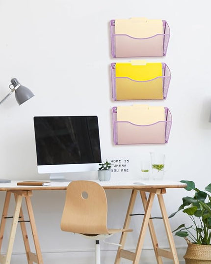 EASEPRES 3 Single Pocket Mesh Hanging File Organizer, Vertical Wall Mounted Magazine File Holder, Mount Basket Mail Paper Document Folder Organizing for Office, Home and School, Light Purple
