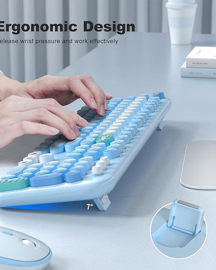 MOFII Wireless Keyboard and Mouse Combo, Full Size 2.4G Plug and Play Typewriter Retro Round Computer Keyboard and Mouse Set for Windows, Computer, Desktop, PC, Notebook - (Blue Colorful)