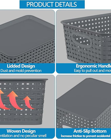 Zopnny 8 Pack Plastic Shelf Organizer Baskets, Small Weave Storage Basket with Lid, Gray
